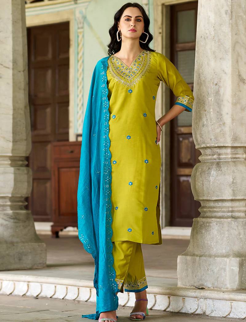 Floral embroidered muslin v neck kurta trouser & dupatta