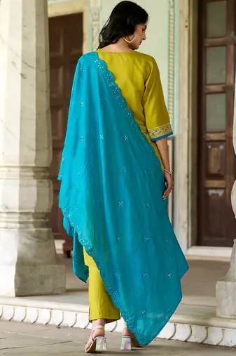 Floral embroidered muslin v neck kurta trouser & dupatta