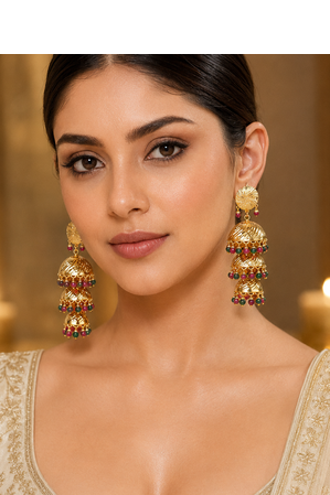 Wedding wear three tier ruby emerald beaded jhumkas 1