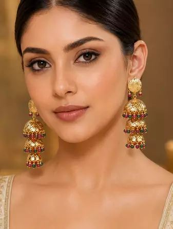 Wedding wear three tier ruby emerald beaded jhumkas