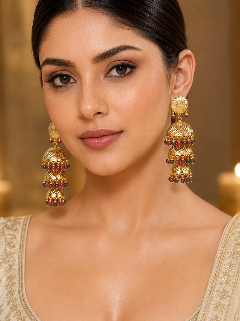 Wedding wear three tier ruby emerald beaded jhumkas