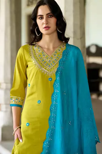 Floral embroidered muslin v neck kurta trouser & dupatta