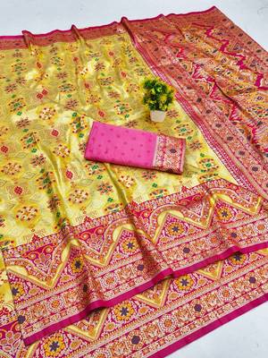 Gold zari woven patola silk blend festive saree with blouse piece 1