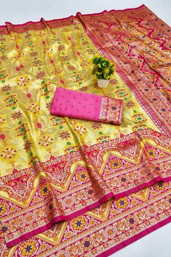 Gold zari woven patola banarasi silk blend festive saree with blouse piece