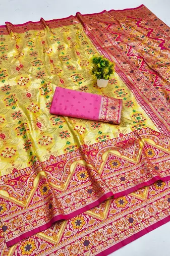 Gold zari woven patola silk blend festive saree with blouse piece