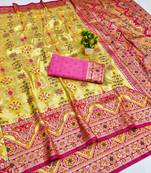 Gold zari woven patola banarasi silk blend festive saree with blouse piece