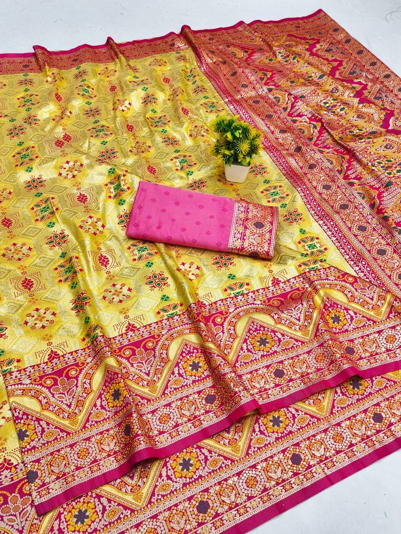 Gold zari woven patola banarasi silk blend festive saree with blouse piece