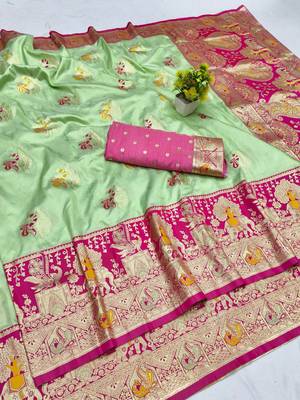 Light green zari woven silk blend saree with blouse piece 1