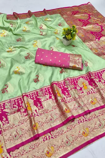 Light green zari woven silk blend saree with blouse piece