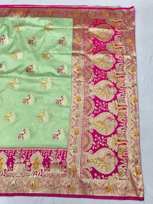 Light green zari woven silk blend saree with blouse piece 2