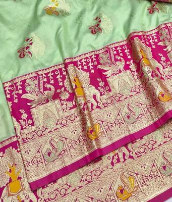 Light green zari woven silk blend saree with blouse piece 3