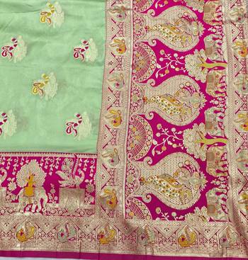 Light green zari woven silk blend saree with blouse piece 5
