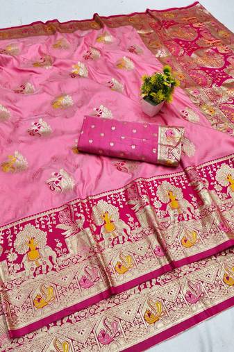 Pink zari woven banarasi silk blend saree with blouse piece