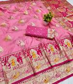 Pink zari woven banarasi silk blend saree with blouse piece