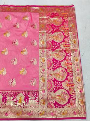 Pink zari woven silk blend saree with blouse piece 2