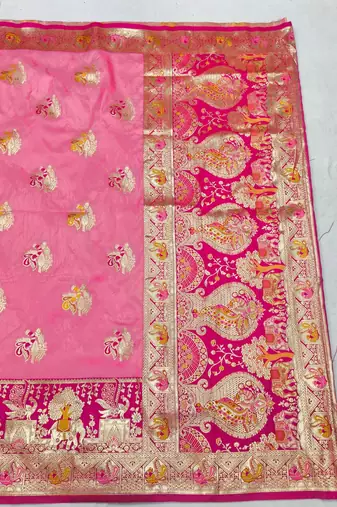 Pink zari woven silk blend saree with blouse piece