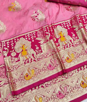Pink zari woven silk blend saree with blouse piece 3