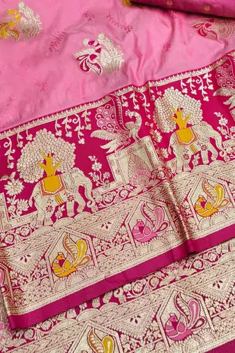 Pink zari woven silk blend saree with blouse piece