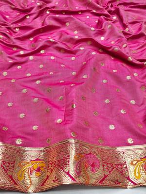 Pink zari woven silk blend saree with blouse piece 4