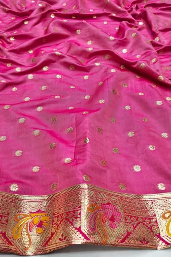 Pink zari woven silk blend saree with blouse piece