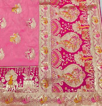 Pink zari woven silk blend saree with blouse piece 5