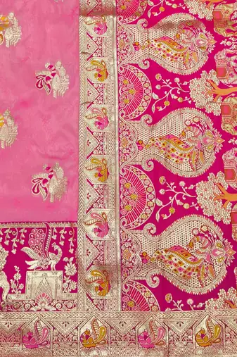 Pink zari woven silk blend saree with blouse piece