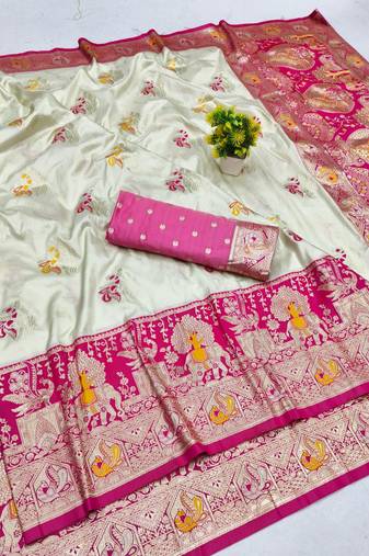 Cream zari woven banarasi silk blend saree with blouse piece