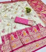 Cream zari woven banarasi silk blend saree with blouse piece