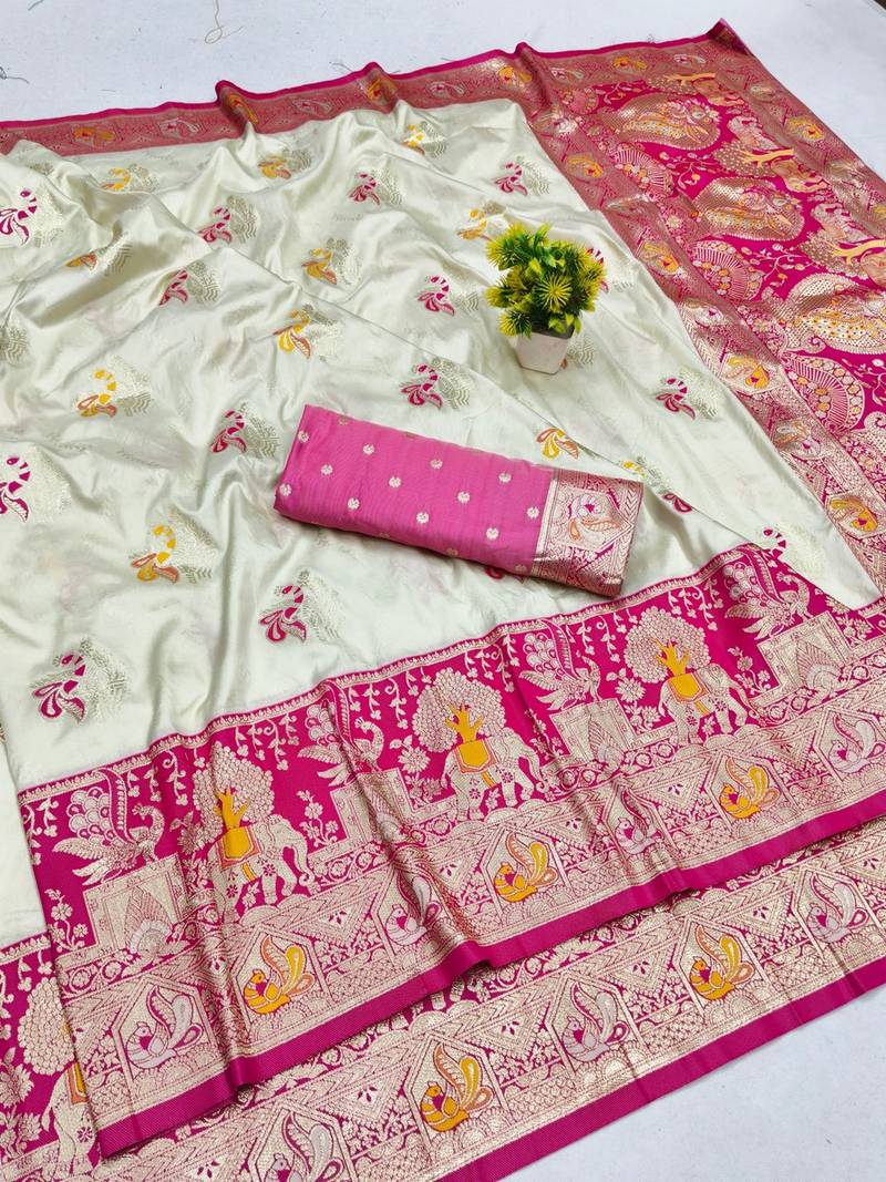 Cream zari woven banarasi silk blend saree with blouse piece