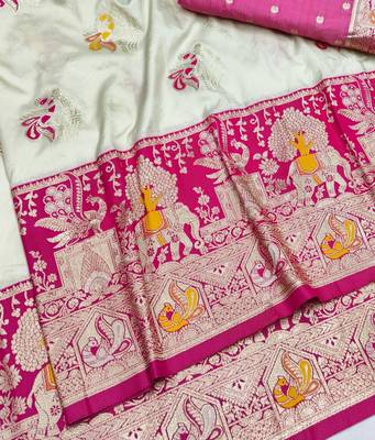 Cream zari woven silk blend saree with blouse piece 3