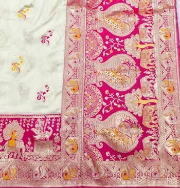 Cream zari woven silk blend saree with blouse piece 5