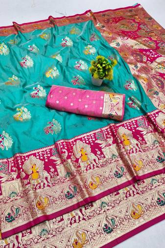 Blue zari woven banarasi silk blend saree with blouse piece