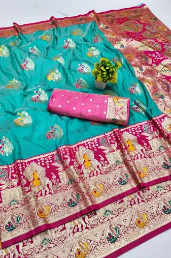 Blue zari woven silk blend saree with blouse piece