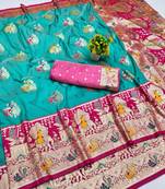 Blue zari woven banarasi silk blend saree with blouse piece