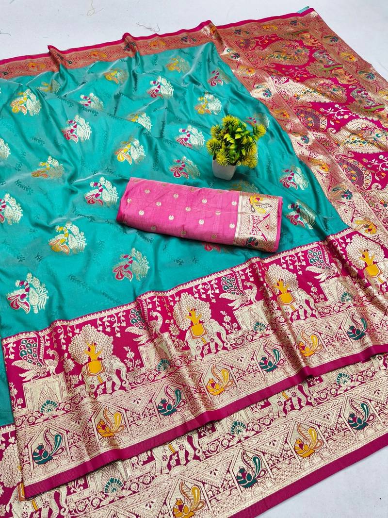 Blue zari woven banarasi silk blend saree with blouse piece