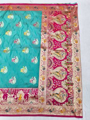 Blue zari woven silk blend saree with blouse piece 2
