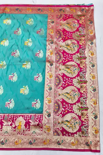 Blue zari woven silk blend saree with blouse piece