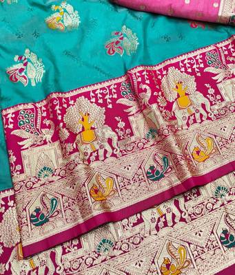 Blue zari woven silk blend saree with blouse piece 3