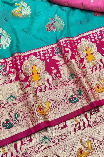 Blue zari woven silk blend saree with blouse piece