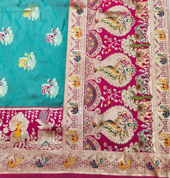 Blue zari woven silk blend saree with blouse piece 5