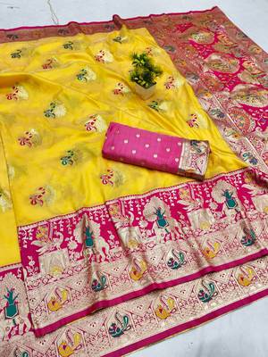 Gold zari woven silk blend saree with blouse piece 1