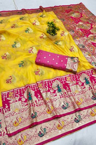 Gold zari woven silk blend saree with blouse piece