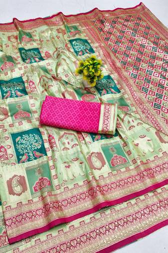Pista zari woven patola banarasi silk blend festive saree with blouse piece