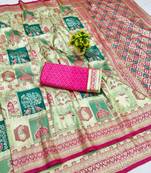 Pista zari woven patola banarasi silk blend festive saree with blouse piece
