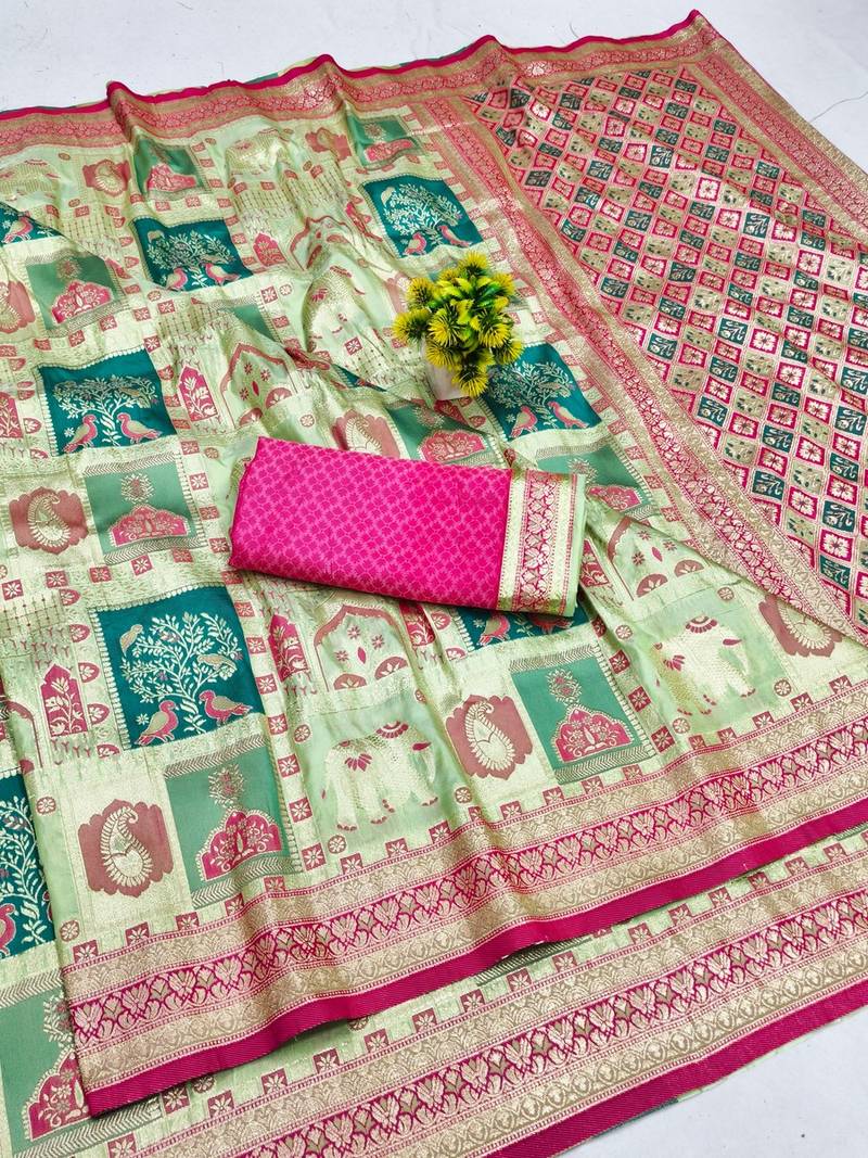 Pista zari woven patola banarasi silk blend festive saree with blouse piece