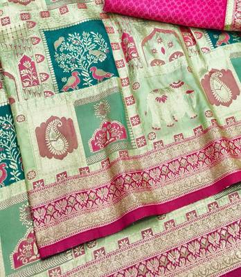 Pista zari woven patola silk blend festive saree with blouse piece 3