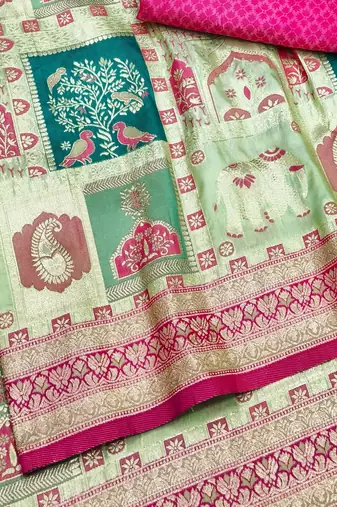 Pista zari woven patola silk blend festive saree with blouse piece