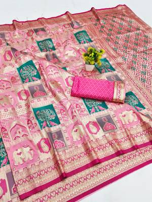 Pink zari woven patola silk blend festive saree with blouse piece 1