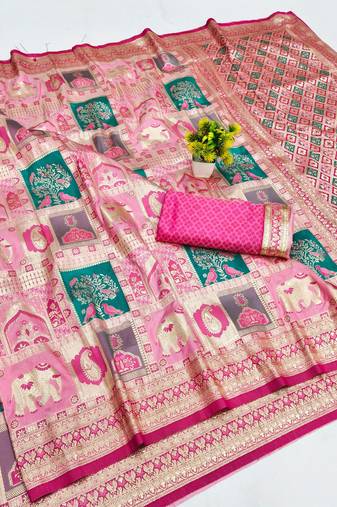 Pink zari woven patola banarasi silk blend festive saree with blouse piece