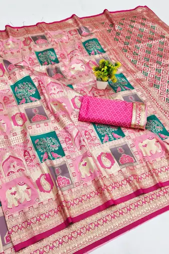 Pink zari woven patola silk blend festive saree with blouse piece